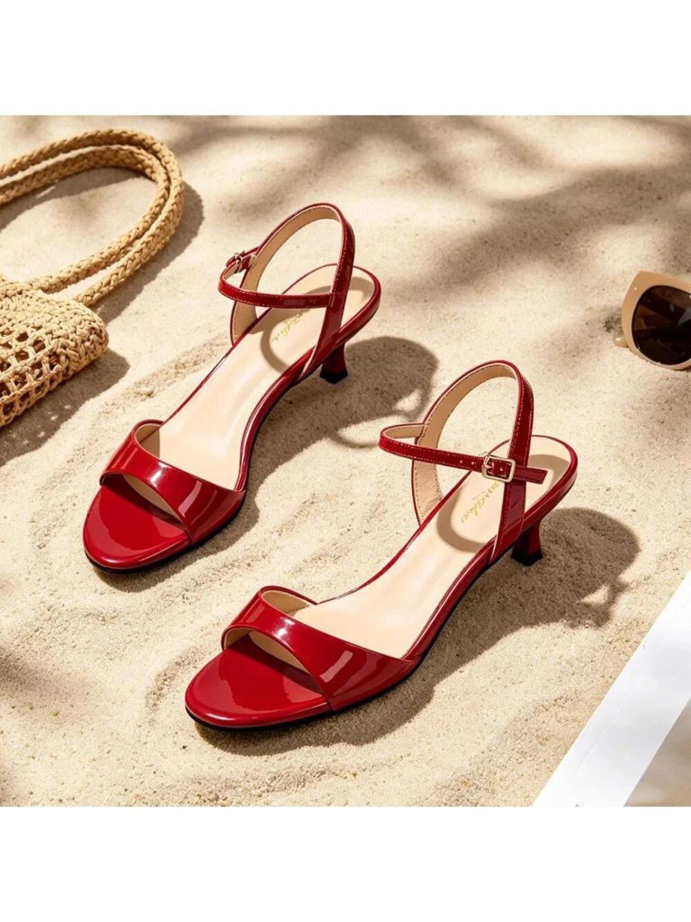 Women's Red Patent Round Open Toe 1.5 Inch Low Heels Ankle Strap Heel Sandals